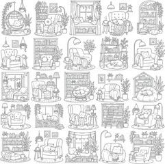 Collection of hand drawn cozy reading nooks with bookshelves armchairs and plants for coloring book pages © FARZANAAKTER