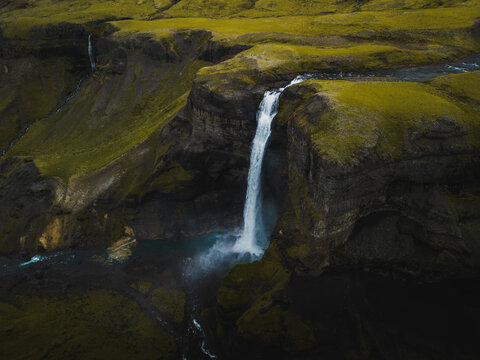 Highlands of Iceland. Haifoss waterfall. Travel and landscape copy space banner
