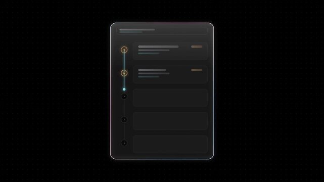Stylish glass UI itinerary design featuring a transparent panel with azure and rose-colored rims, showcasing five itinerary stops, with a sleek and modern aesthetic.