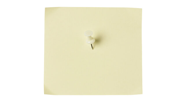 Pale yellow sticky note pinned with a white pushpin, isolated on transparent background