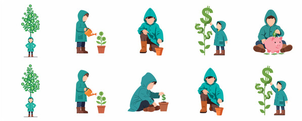 Naklejka premium Set of illustrations depicting a child growing a money tree, planting dollar signs, and saving money in a piggy bank for financial literacy and investment education concepts.