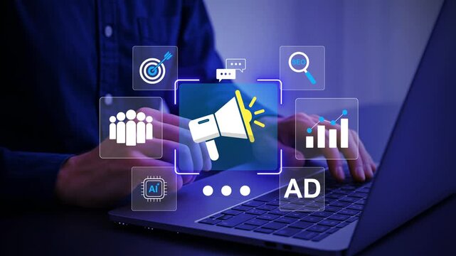 Marketing strategy and digital advertising concept. businessman using tablet with icons of SEO, AI, targeting, and analytics for optimizing campaign performance and increasing customer engagement