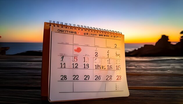 Calendar on wooden deck at sunset by the ocean.