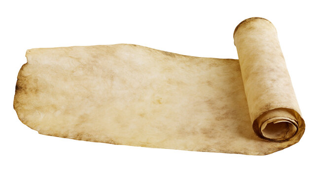 Unrolled aged parchment scroll with rough edges, isolated on transparent background