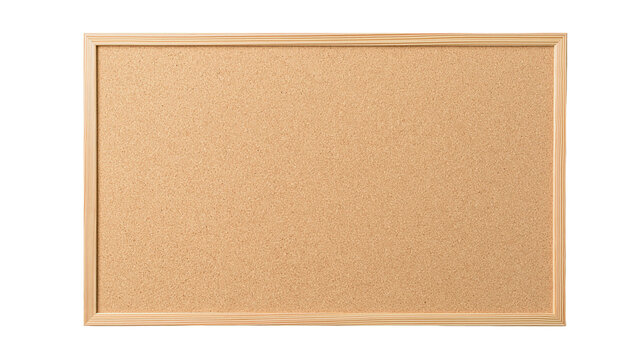 Rectangular cork board with light wood frame, isolated on transparent background