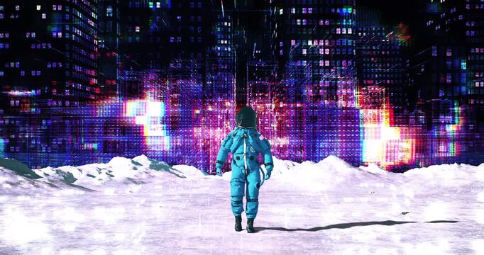 Spaceman in suit walking on futuristic moon landscape with glowing metaverse city. Abstract Digital Space City Concept.