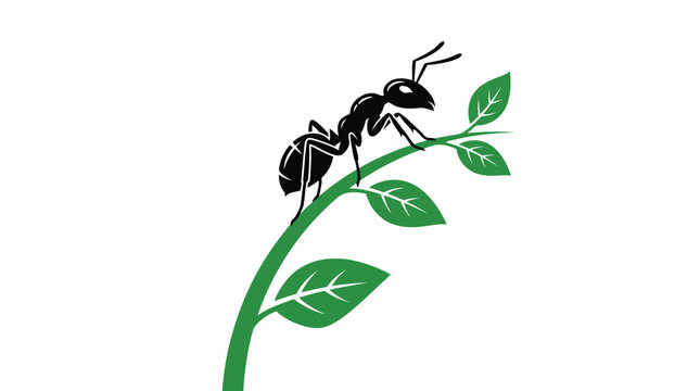 Black ant crawls gracefully along vibrant green stem in this minimalist stylized graphic vector illustration
