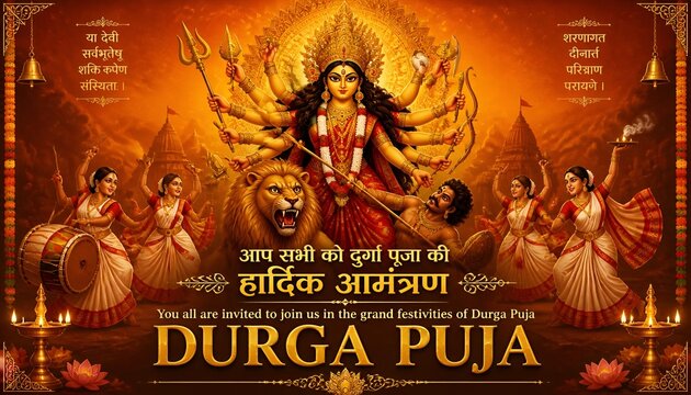 illustration of Goddess in Happy Durga Puja Subh Navratri Indian religious header banner background with text in Hindi meaning Mother Durga