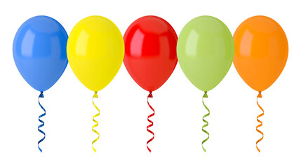 Five colorful balloons with curly ribbons, isolated on transparent background © Piotr