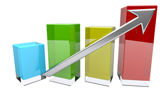 Shiny silver arrow pointing upwards over colorful glass bar chart, isolated on transparent background