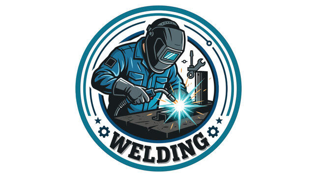Professional welder in protective mask operating handheld torch during industrial metal fabrication work inside round logo