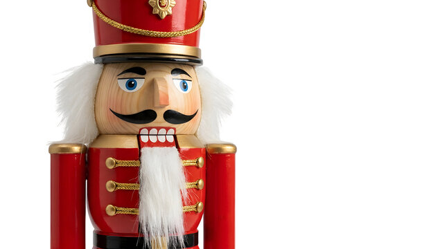 Traditional red wooden nutcracker soldier figure wearing gold trim hat isolated cutout on transparent background