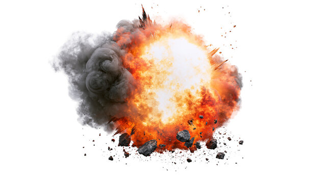 Fiery explosion with dark smoke and flying debris, isolated on transparent background
