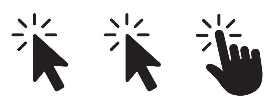 Selection of computer mouse cursor pointer icons and hand gesture button indicator set.