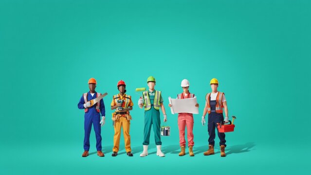Group of diverse construction workers with tools