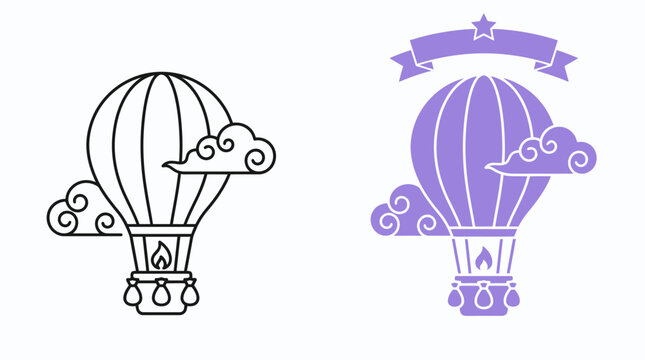 Two stylized hot air balloon illustrations with clouds and a decorative banner.