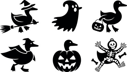 Fototapeta premium Funny Halloween vector set featuring duck silhouettes in spooky costumes, ghosts, and skeletons
