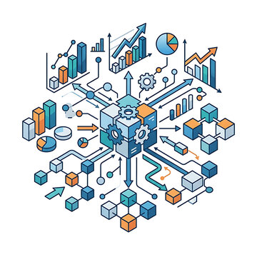 Isometric business data analytics infographic with central processing cube and connected charts and network nodes