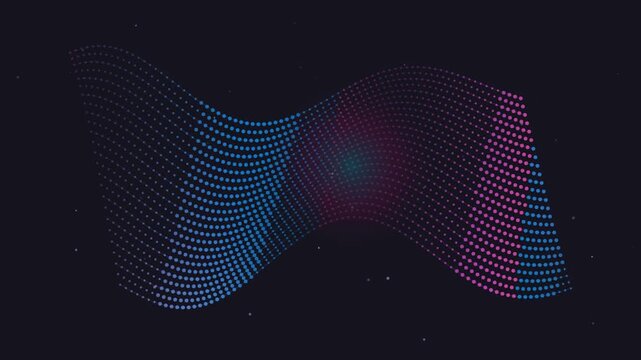 Abstract wave of glowing neon particles moving in digital space creates dynamic visual patterns with futuristic blue and purple lighting.