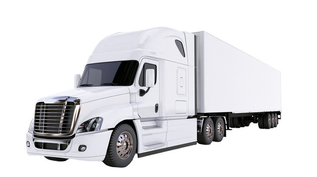 White semi-trailer truck with chrome grille and large cargo box, isolated on transparent background