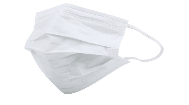 White disposable pleated face mask with elastic ear loops, isolated on transparent background