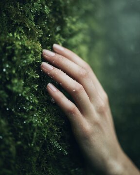 Female hand gently touching wet green moss on tree bark in a forest setting. Close-up with water droplets on hand and moss