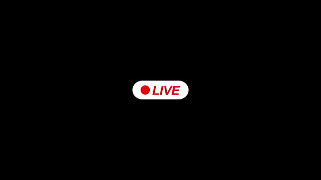 Live button animation on transparent background, simple live streaming and broadcast icon with alpha channel in 4K.
