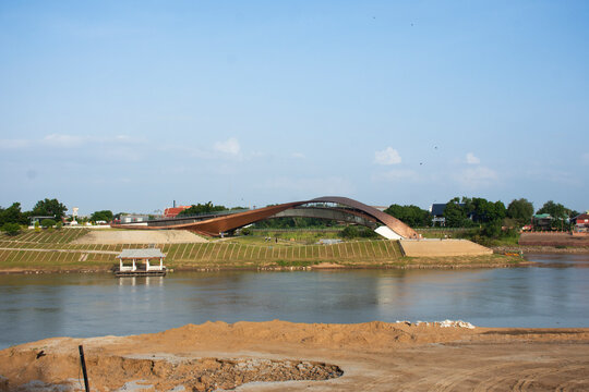 Landmarks Pa San or Pasan wooden bridge built NakhonSawan and view landscape Chao Phraya river for thai people traveler journey travel visit at Pak Nam Pho confluent estuary in Nakhon Sawan, Thailand