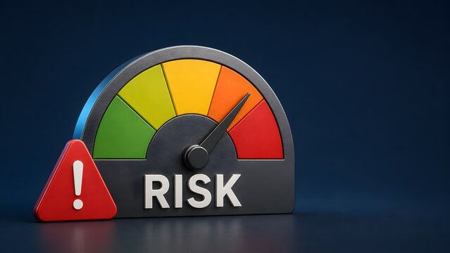 High risk assessment meter with warning triangle and red danger zone representing financial crisis evaluation and critical business measurement