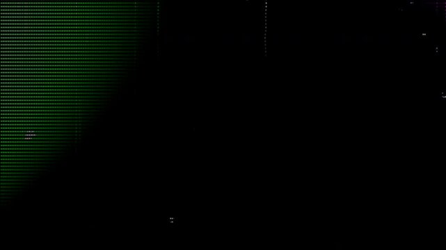 Green red LED pixel screen glitch effect for video transitions. Digital signal noise overlay for cyber technology video editing. Abstract matrix screen distortion element for dark cyber backdrop