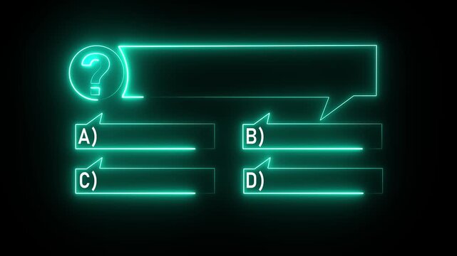 Quiz Neon Line Animation with option selection on black background ,Quiz template challenge with option selection, Neon Line Animation on empty background for quiz and competition