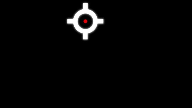White aiming sight icon on a black background, sniper targeting device with a liquid distortion transition.