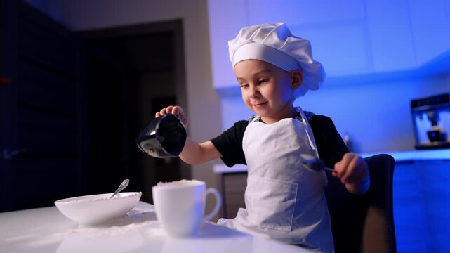 Boy in chef hat pouring from cup over flour. Blue ambient lighting fills the modern kitchen while a frothy drink and spoon rest nearby on the table.