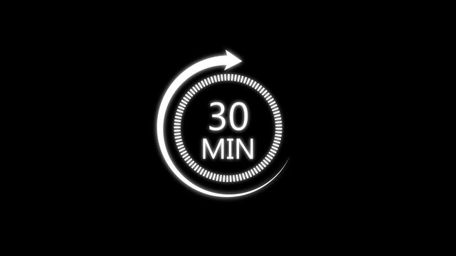 30 minute timer circle icon with rotating arrow isolated on dark background motion graphic.