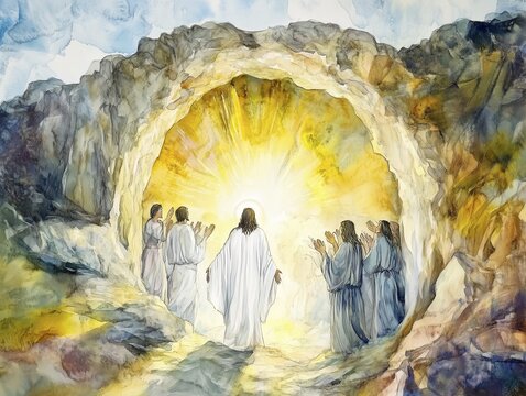 The resurrection of Jesus Christ. A portrait of Jesus bathed in divine light at the moment when he leaves the rock tomb to announce his resurrection to the world. AI generated, AI generated, AI generated