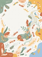 Fototapeta premium Microorganism background with colorful bacteria and virus shapes. Abstract medical illustration for laboratory research. Biological science pattern with copy space for scientific design.