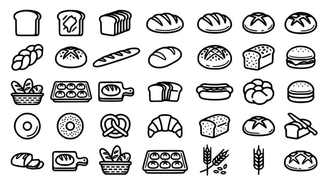 Bakery bread and toast outline vector collection with whole grain loaves sandwich slices buns and breakfast baked goods isolated on white background