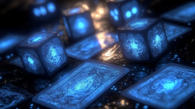 Glowing Cubes & Cards, Mystical Game, Fantasy Background, Digital Art