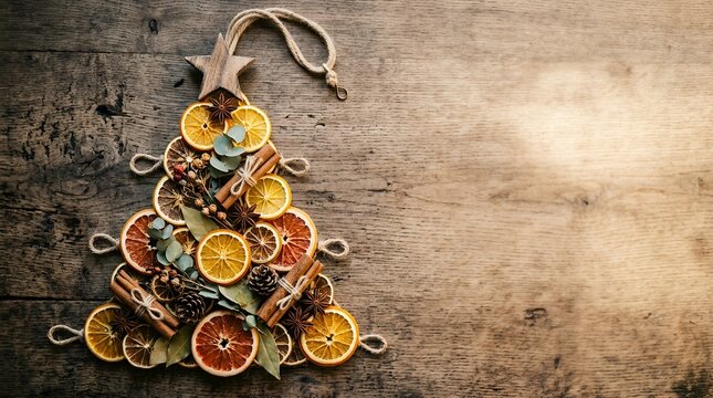 Organic Christmas tree made of dried citrus. Eco friendly holiday decor on wooden background.