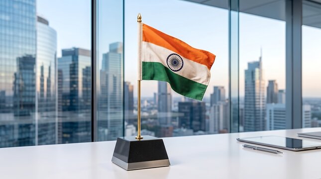 Realistic Indian National Flag on Golden Pole Mounted on Desk with Cityscape Background