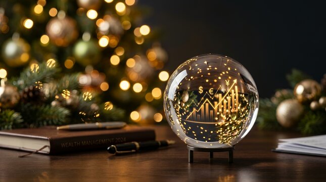 Crystal ball reflecting golden Christmas lights on wooden desk. Sparkling glass sphere forecasting festive wealth and financial success in dark off...