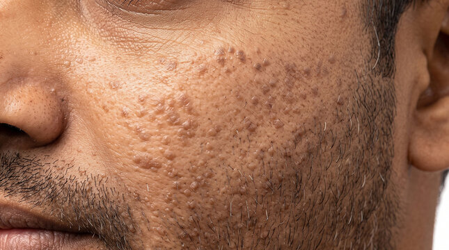 Flat Warts Clustered Across a Man's Cheek and Jawline - Verruca Plana: Extensive Flat Wart Distribution on the Cheek of a Young Adult Male 