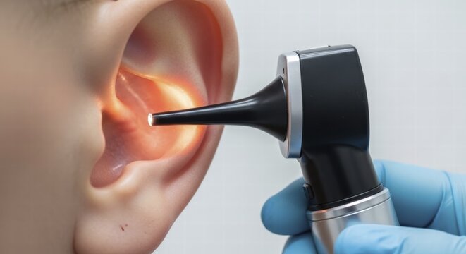 A medical professional in blue gloves uses an otoscope to examine the inside of a human ear canal, illuminating the passage for a thorough inspection, AI generated