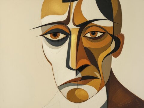Abstract portrait with geometric shapes and intense facial expression in shades of orange and brown, ai generated