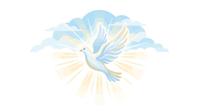 Peaceful White Dove Flying Through Heavenly Clouds and Golden Sun Rays