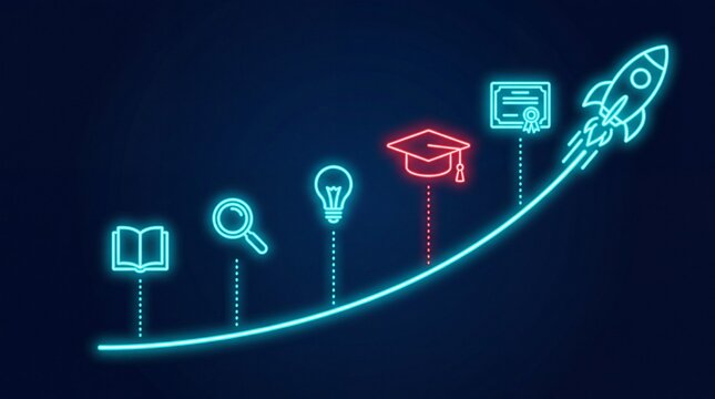 Glowing neon education development timeline featuring bright rocket launch with graduation cap diploma book magnifying glass and idea lightbulb icons on dark blue background