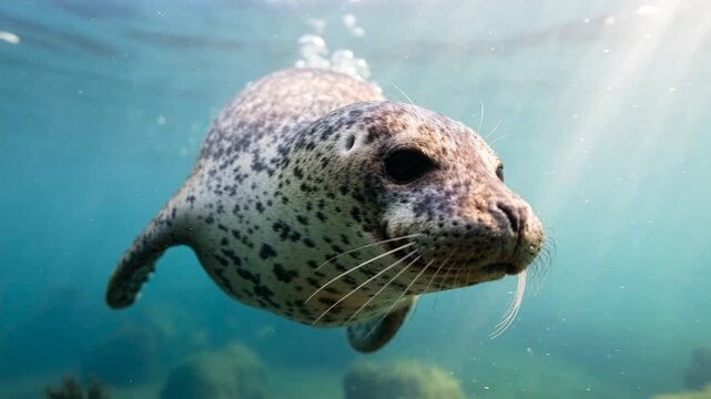 harbor seal close up underwater at morning light in monterey bay california video