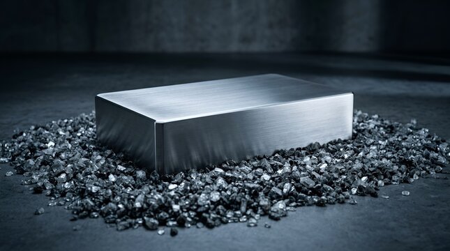 Silver ingot on dark background with metallic ore, refined metal block, shiny steel chunk, investment bar with gravel