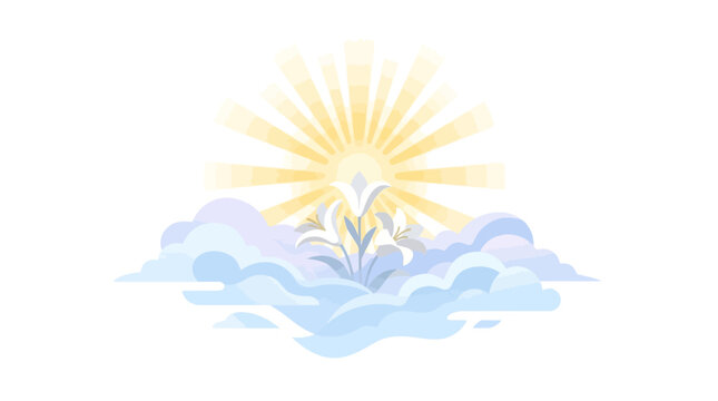 White lily flowers blooming in clouds with radiant sunburst background