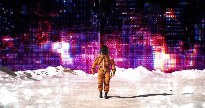 Astronaut walking on cratered surface towards holographic digital city background. Abstract Digital Space City Concept.